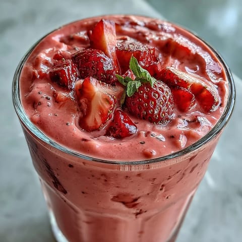 A vibrant strawberry banana protein smoothie with chia seeds, blended to creamy perfection for a nutritious breakfast boost.