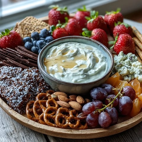 A colorful snack board with juicy strawberries, creamy yogurt dip, and a mix of pretzels and crackers for sharing.  