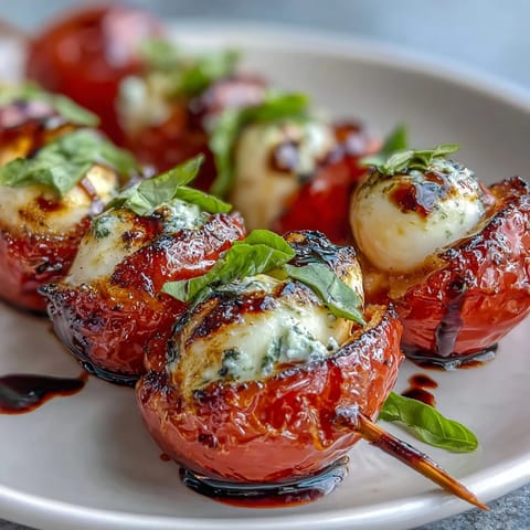 Picnic Caprese Skewers with Balsamic Drizzle: Fresh cherry tomatoes, creamy mozzarella, and fragrant basil on skewers, drizzled with sweet-tangy balsamic reduction.  