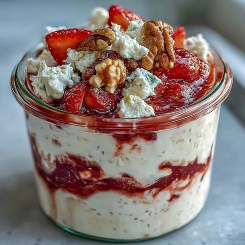 Fluffy yogurt overnight oats with strawberry swirl, creamy layers and fresh fruit topping, perfect for a healthy breakfast.  