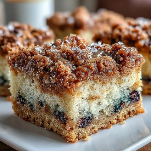Moist sourdough coffee cake squares bursting with fresh blueberries, bright lemon flavor, and a buttery streusel topping.