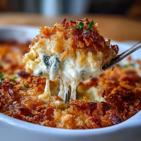 Creamy jalapeño cheddar funeral potatoes baked to golden perfection with a crispy cornflake topping.  