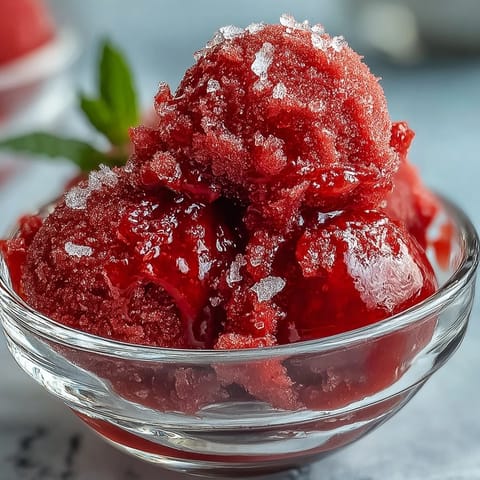 Vibrant strawberry daiquiri sorbet with lime zest, served in chilled glasses with fresh mint for a refreshing dessert.