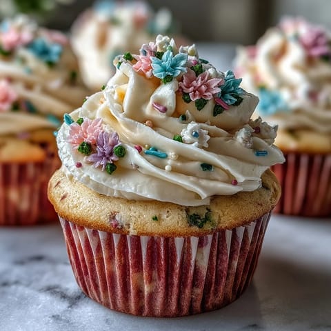 Delicate vanilla cupcakes topped with piped buttercream roses, tulips, and leaves in soft pastel hues.  