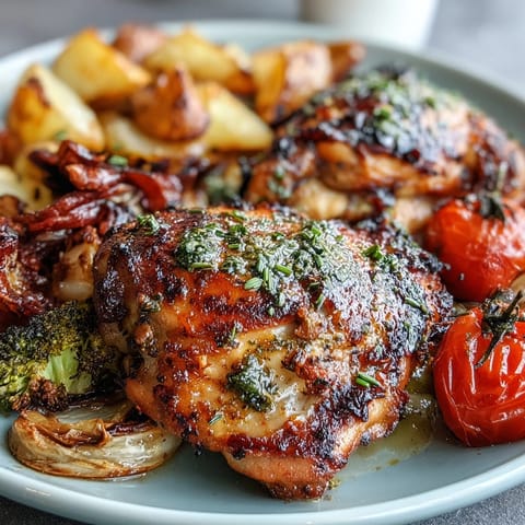 One-pan lemon chicken and veggie bake with colorful roasted vegetables and juicy chicken breasts, garnished with fresh parsley and lemon wedges.