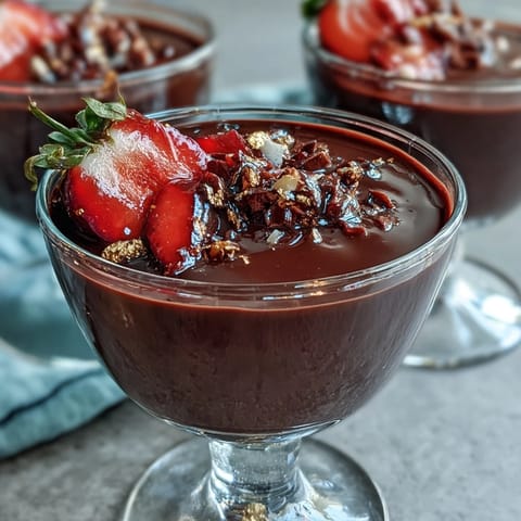 Chocolate cups filled with juicy strawberries and topped with golden pistachio crunch, perfect for a luxurious dessert.