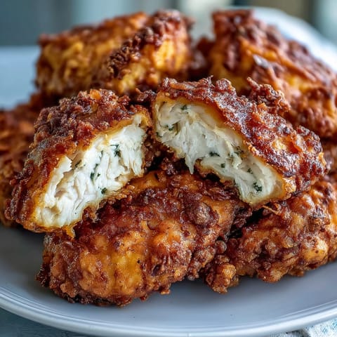 Crispy Southern fried chicken with honey butter biscuits, golden and juicy, served on a rustic wooden board.  