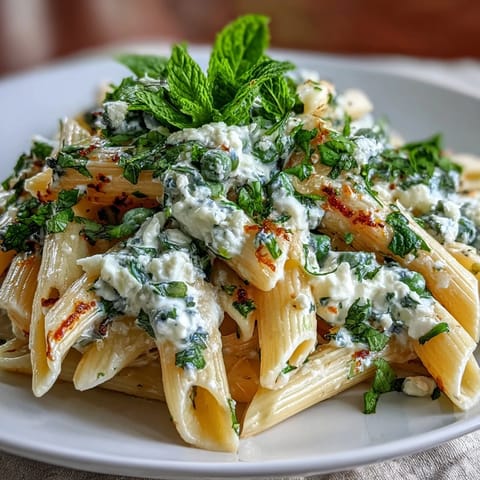 Creamy pea and ricotta pasta with mint, served in a white bowl with a sprinkle of Parmesan.