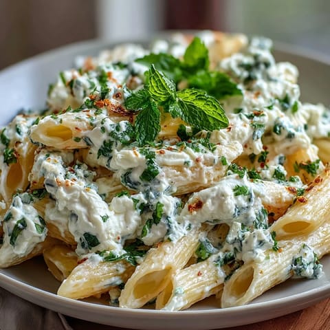 Vibrant spring pasta dish with sweet peas, ricotta cheese, and fresh mint leaves, ready to serve.