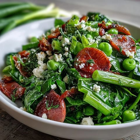 Vibrant spring salad with lemon vinaigrette, radishes, and peas in a white bowl.