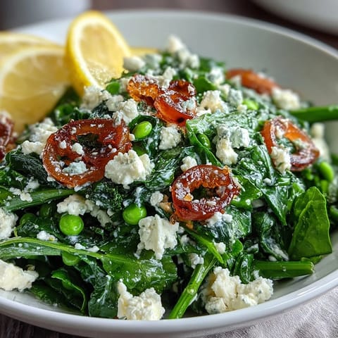 Bright lemon vinaigrette drizzled over crisp radishes and sweet peas on greens.