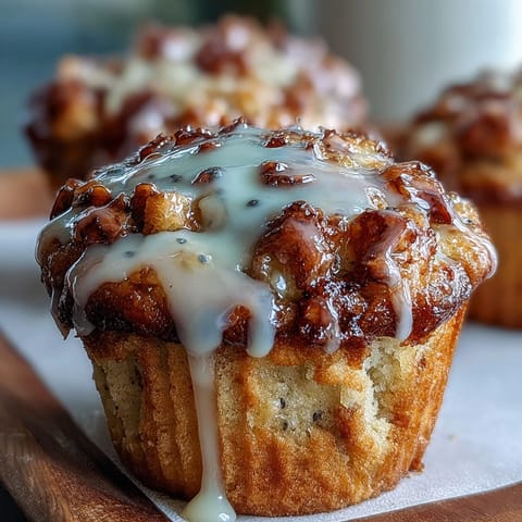 Golden lemon poppy seed muffins topped with a glossy citrus glaze, perfect for a bright spring brunch table.