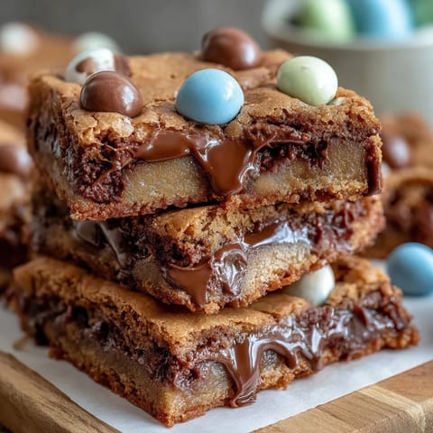 Soft, chewy cookie bars packed with Cadbury mini eggs and pastel M&Ms for a colorful Easter dessert treat.