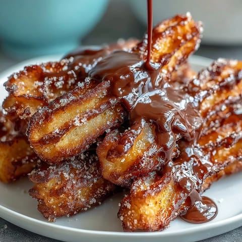Golden, cinnamon-sugar-coated churro bites, crispy and warm, served with a glossy chocolate dipping sauce for a festive Cinco de Mayo dessert.  