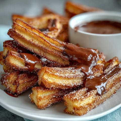 Bite-sized churro treats, fried to golden perfection, tossed in cinnamon sugar, and paired with a rich, silky chocolate sauce for dipping.  