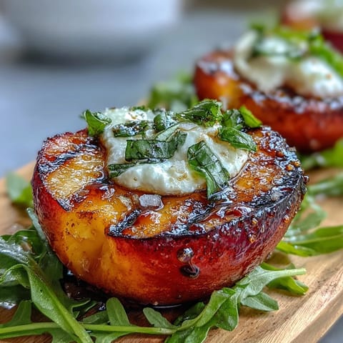 Vibrant grilled peach and burrata salad drizzled with honey, showcasing juicy caramelized peaches over arugula with creamy cheese.