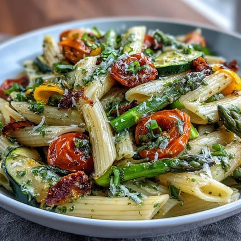 Colorful spring pasta primavera with fresh veggies, showcasing tender penne and vibrant seasonal vegetables in a light, herby sauce.
