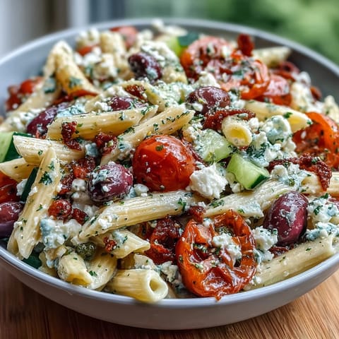 Vibrant Summer Pasta Salad Greek Style bursting with olives, feta, and fresh veggies.