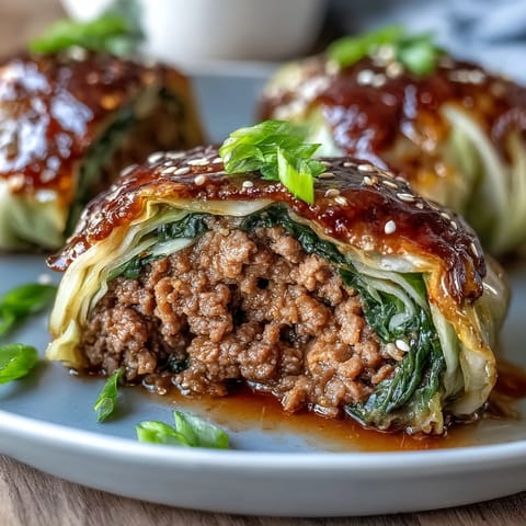 Korean cabbage rolls with spicy beef filling and sesame dipping sauce.
