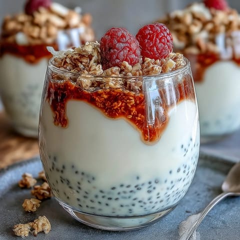 Lemon chia parfait with granola and raspberry compote, a bright and refreshing breakfast or dessert layered in a glass jar.