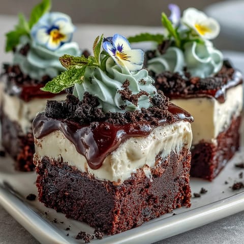 Flower pot brownies with Oreo dirt, topped with edible flowers and mint, served in mini terracotta pots.  
