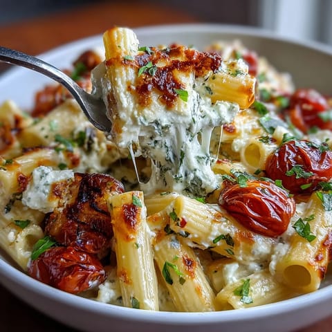 Baked feta pasta with cherry tomatoes and basil in a creamy, oven-roasted sauce.  