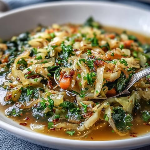 A vibrant bowl of Spring Detox Cabbage Soup with shredded cabbage, carrots, and fresh herbs, garnished with lemon slices.