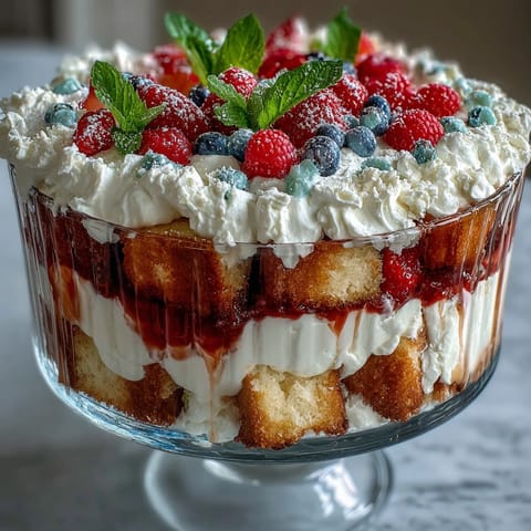 Juicy Red White Blue Berry Trifle with fluffy angel food cake and sweet cream delight.