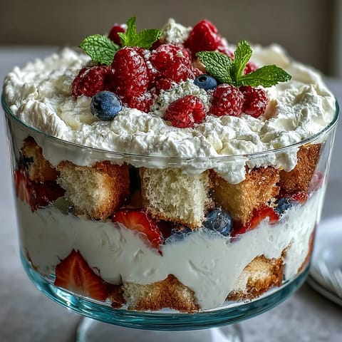 Red White Blue Berry Trifle: festive layers of cake, cream, and fresh patriotic berries.