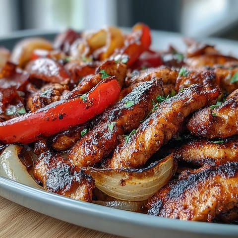 Close-up of Sheet Pan Chicken Fajitas ready in warm tortillas with toppings.