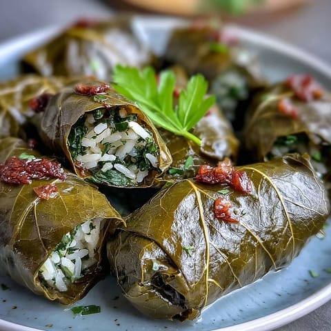 Kurdish Dolma: Tender stuffed grape leaves with fragrant herbed rice, ready to serve.