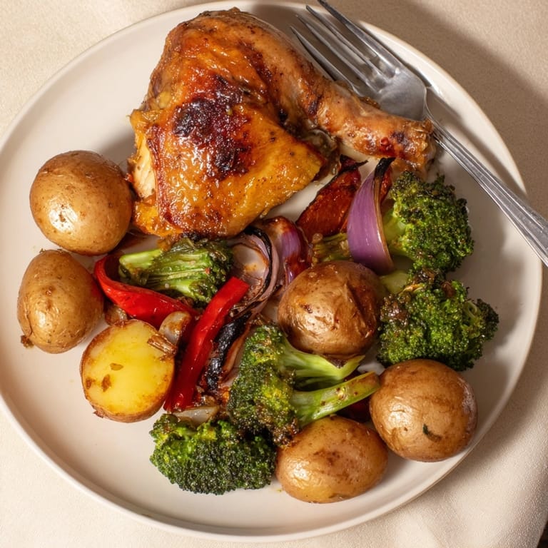 Juicy Honey Lemon Roasted Chicken Sheet Pan dinner, served fresh with caramelized broccoli and colorful bell peppers.