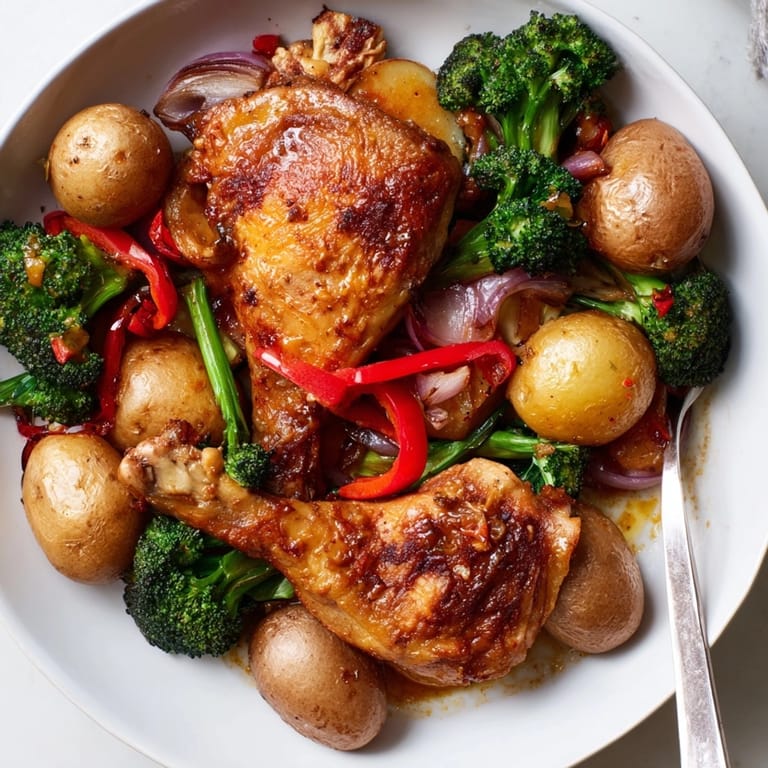 Sheet pan filled with Honey Lemon Roasted Chicken, crispy potatoes, and vibrant vegetables for a quick weeknight meal.