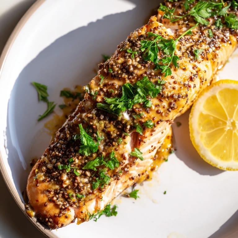 Tender, oven-broiled Honey Mustard Glazed Salmon topped with fresh parsley, a pescatarian delight.