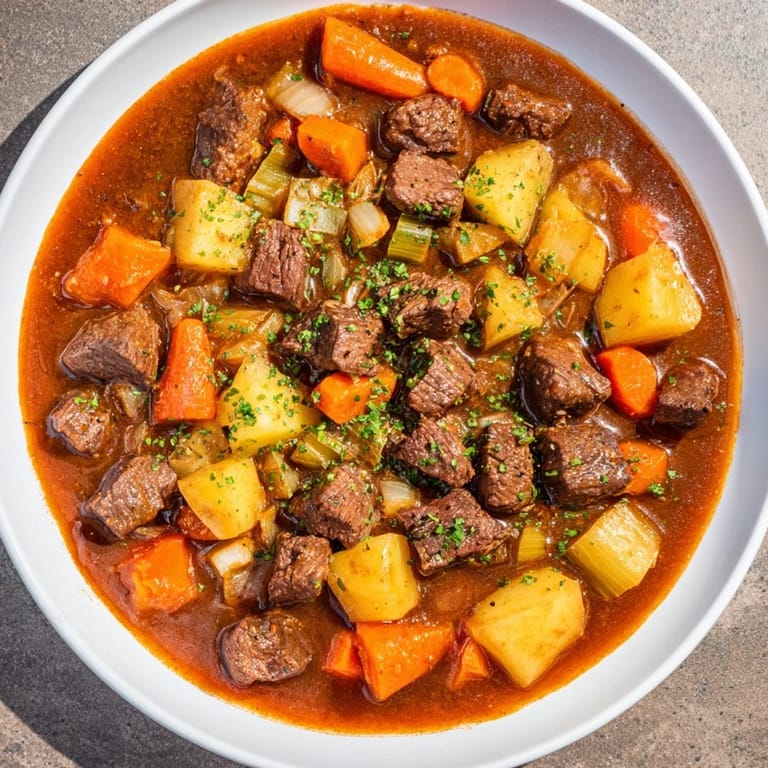 Close-up of a pressure cooker beef and vegetable stew with tender beef and vibrant vegetables.