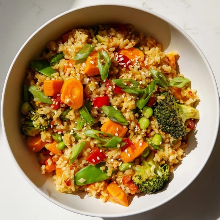 A flavorful overview of Crispy Vegetable Fried Rice Bowls: imagine the perfectly fried rice with vibrant vegetables and toppings. 