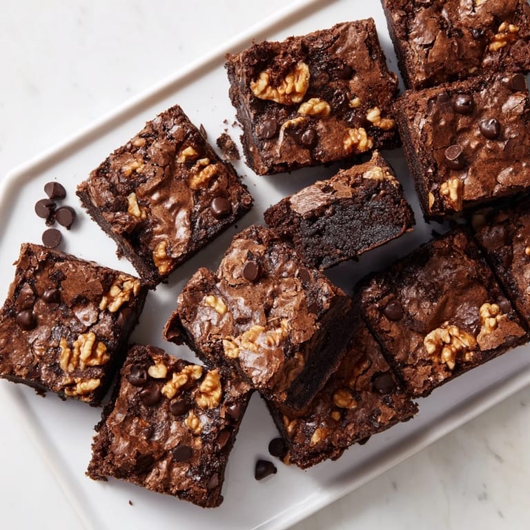 A close-up of a pan of fudgy walnut brownies, cut into squares, revealing their moist, delicious texture.