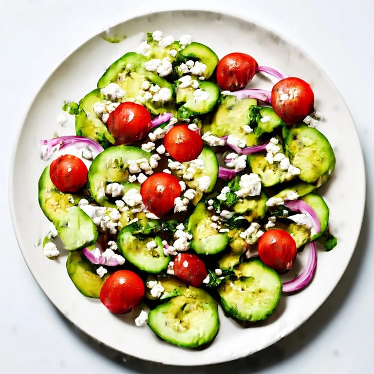 Close-up of Fresh Salad: perfect Mediterranean meal featuring fresh ingredients and drizzled dressing.