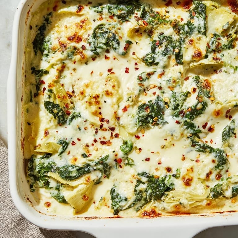 A close-up view of creamy Warm Spinach and Artichoke Dip, richly textured with melted cheese and spinach.