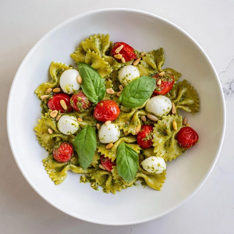 Vibrant cold pasta salad with pesto, mozzarella, served with basil, providing a flavorful summer meal option.