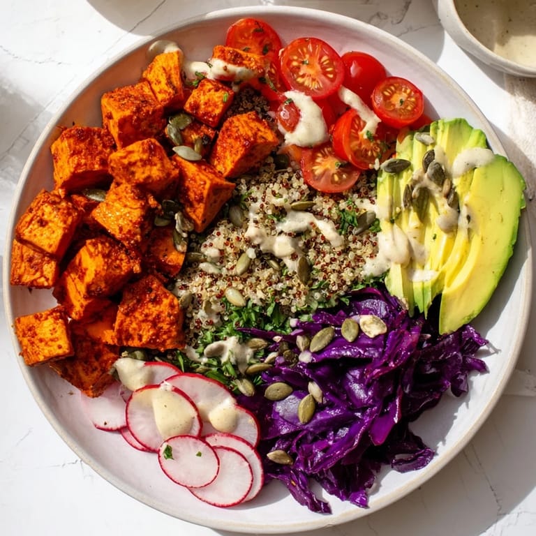 Vibrant Complete Veggie Bowl featuring roasted sweet potatoes, fresh greens, and creamy tahini dressing.