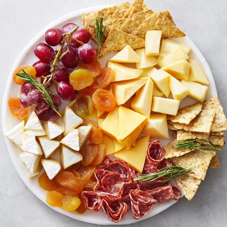Eye-catching Geometric Gala platter: Various cheeses, cured meats, and fruits arranged artfully on a board.