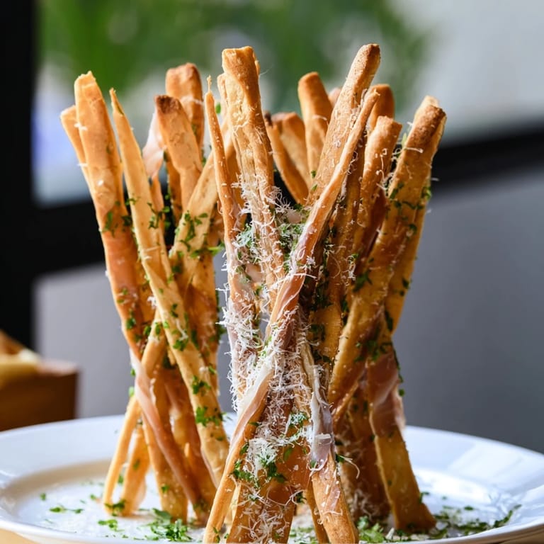Shareable Golden Gate appetizer: Crispy breadsticks connect twin peaks of prosciutto, a flavorful snack.