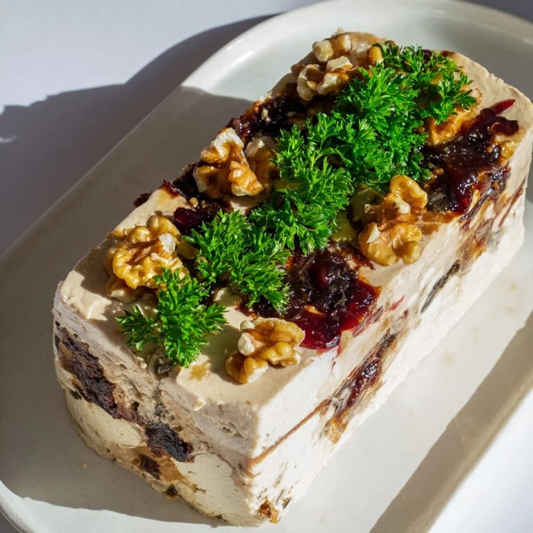 Luscious Velvet Underground appetizer with smooth pâté, glistening blackcurrant jam, and crunchy hazelnut pieces.