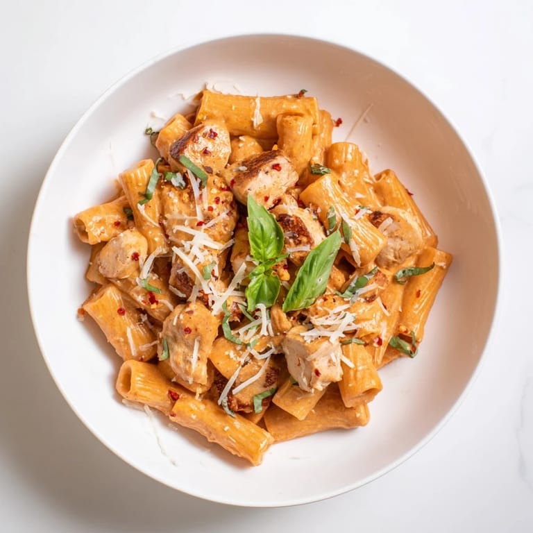 A close-up of a rich, red Spicy Vodka Chicken Pasta dish, with chili crisp and herbs.