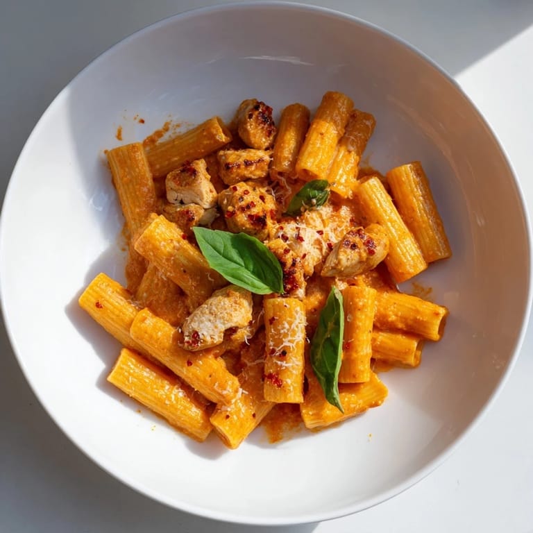 Golden chicken pieces and rigatoni pasta bathed in a flavorful Spicy Vodka Chicken Pasta sauce.