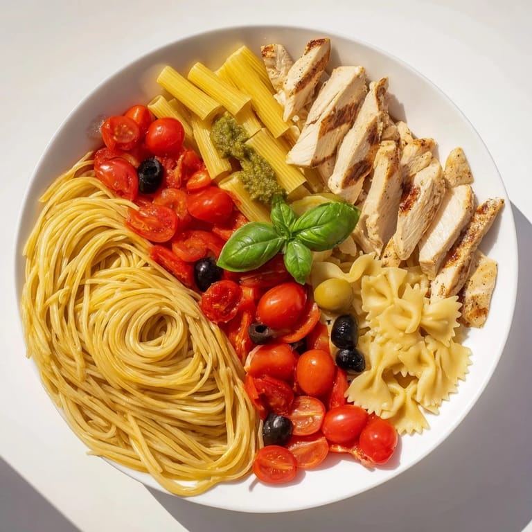 This Girl Dinner Pasta Board features tender pasta, creamy Alfredo, vibrant pesto, and sliced grilled chicken strips.