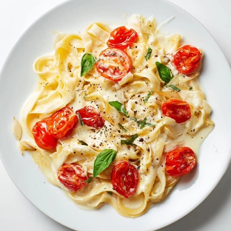 Rich, creamy Baked Brie Pasta Sauce tossed with fettuccine, garnished with fresh basil and pepper.