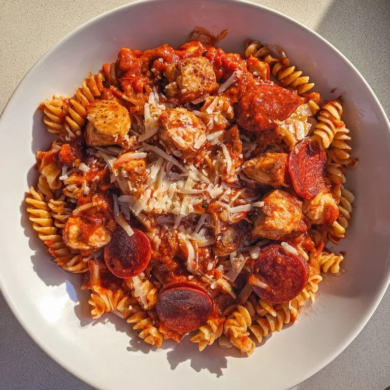 Gooey mozzarella blankets the surface of this easy One-Pan Pizza Pasta with hints of Italian herbs and pepperoni.