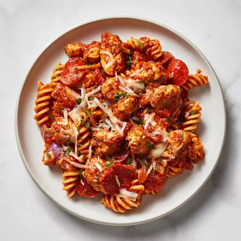 This delicious One-Pan Pizza Pasta combines savory chicken and vegetables with bubbly cheese and flavorful sauce.